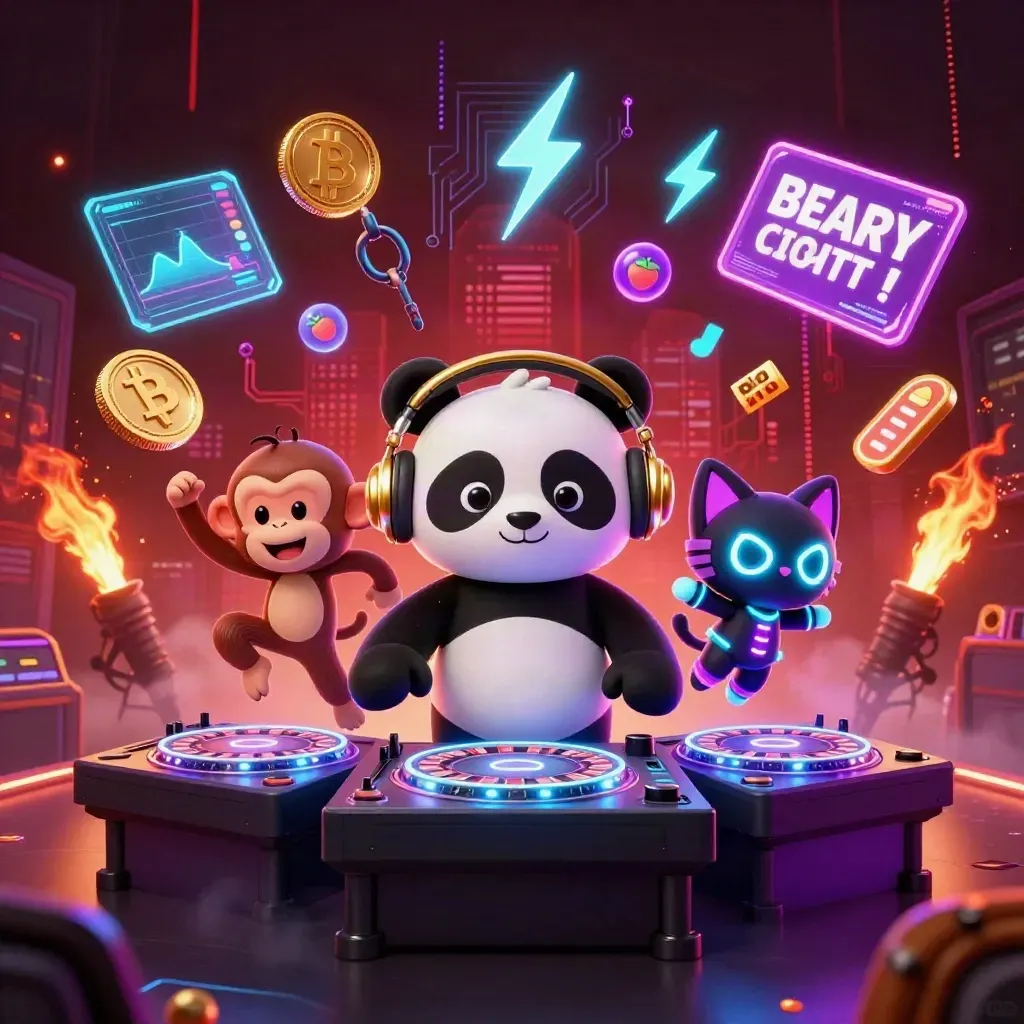 Neon casino key art with panda DJ, dancing monkey, and glow-stick kitten amid coins and electric effects.