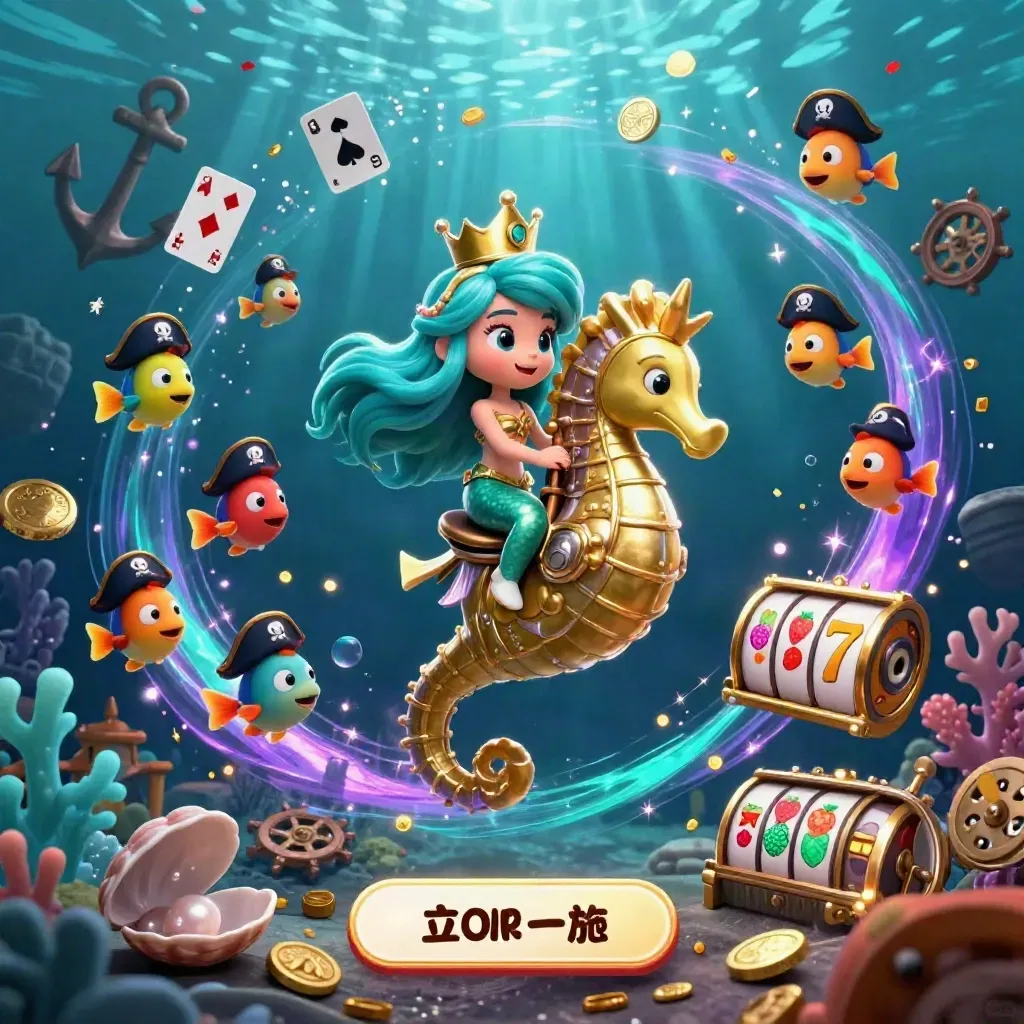 Mermaid princess rides armored seahorse amid coin shower, neon coral, fish, and glowing slot symbols