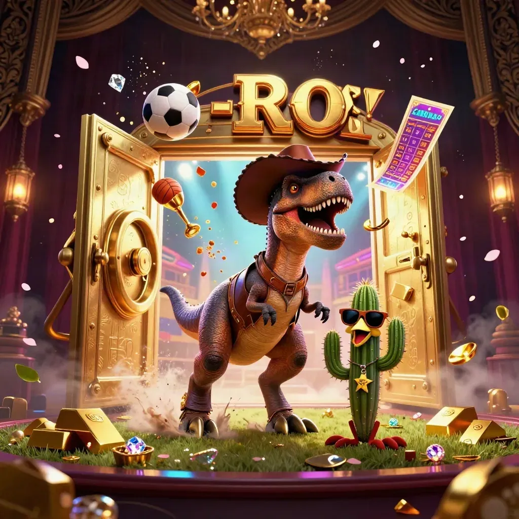 Cowboy T-Rex, cactus and roadrunner burst from a glowing vault with casino gold and sports balls.