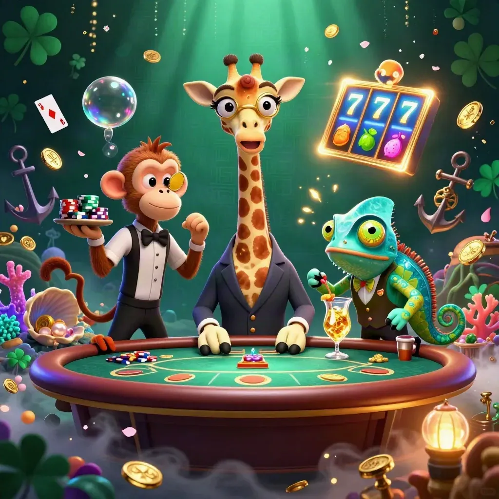 Giraffe, monkey, and chameleon at a neon VIP poker table amid treasure, coral, and casino glow.