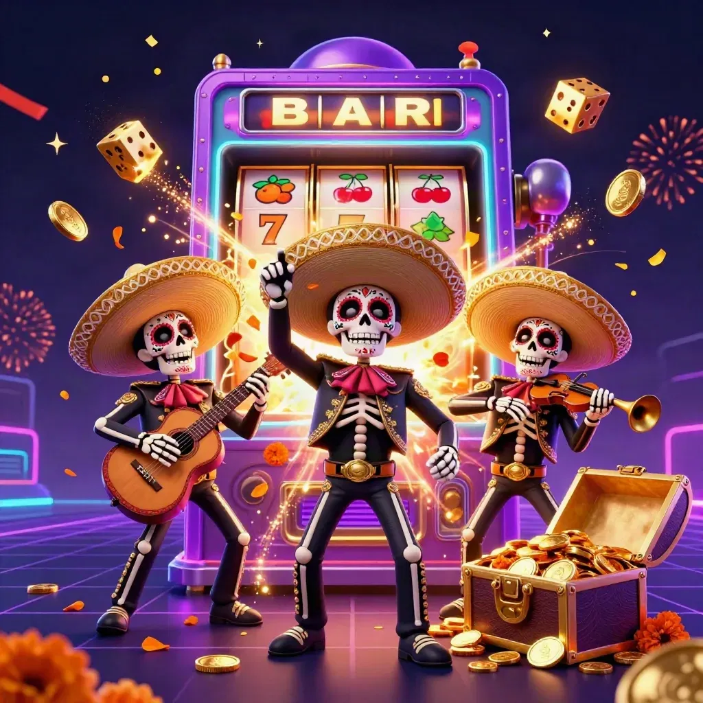 Day-of-the-Dead mariachi skeleton trio amid slot jackpot burst, gold coins, fireworks, and neon glow