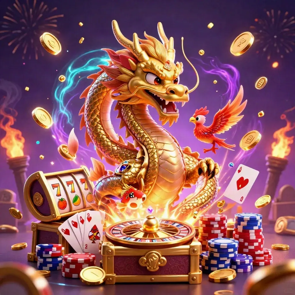 Golden dragon, phoenix, koi and casino loot explode in a neon purple treasure storm.