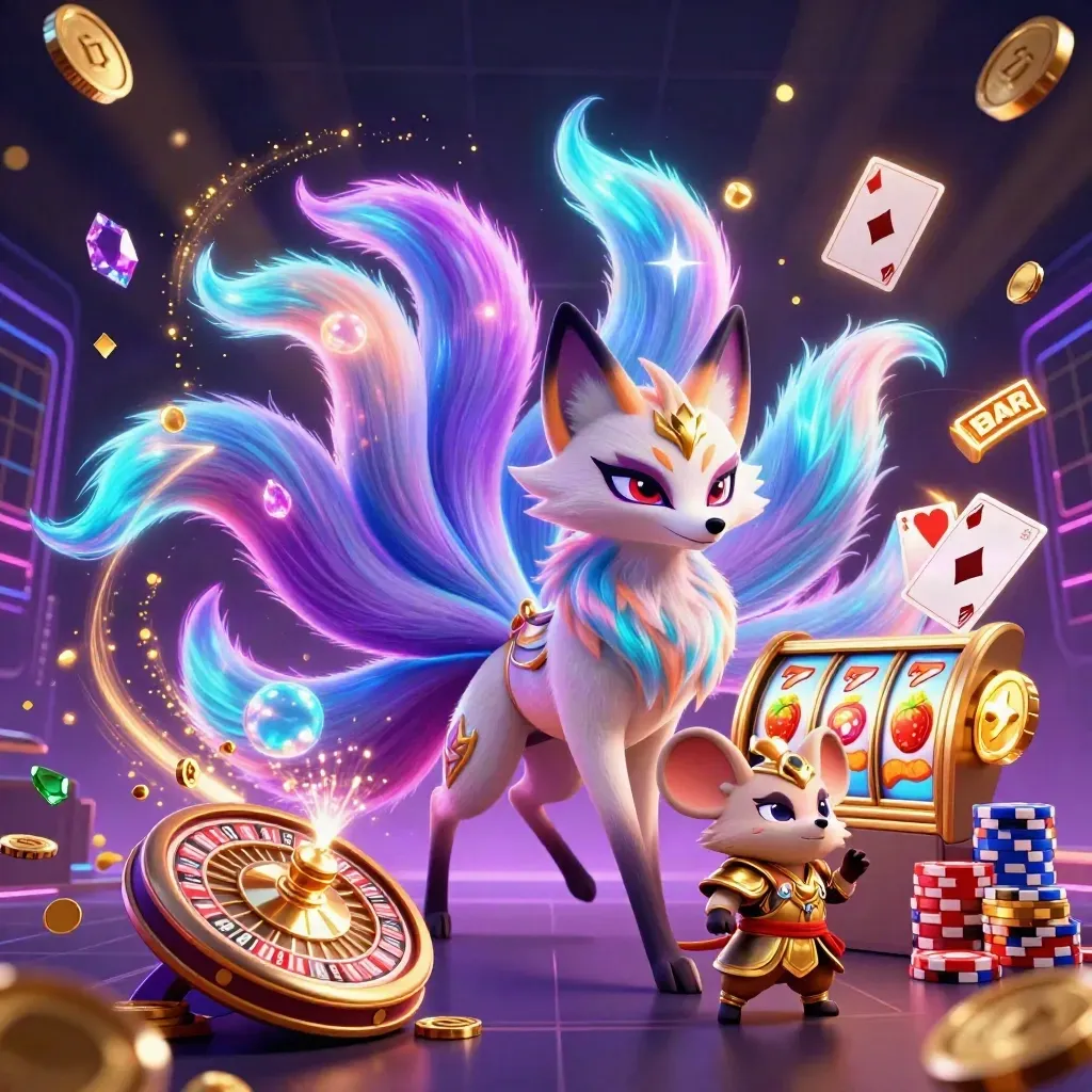 Neon fox spirit and samurai mouse amid casino loot, coins, cards, chips, and glowing reels.