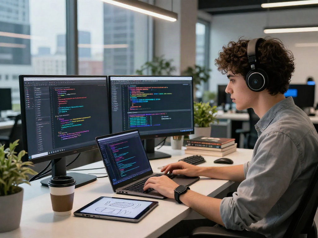 Dynamic tech workspace featuring a developer coding on a laptop, showcasing ia +18 applications.